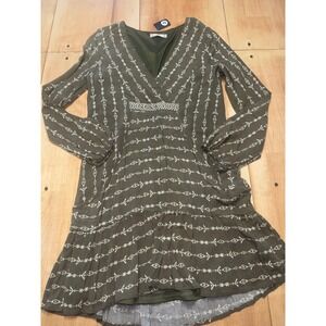 Altar State Olive Green Tribal Print Long Sleeve Tiered Mini Dress S